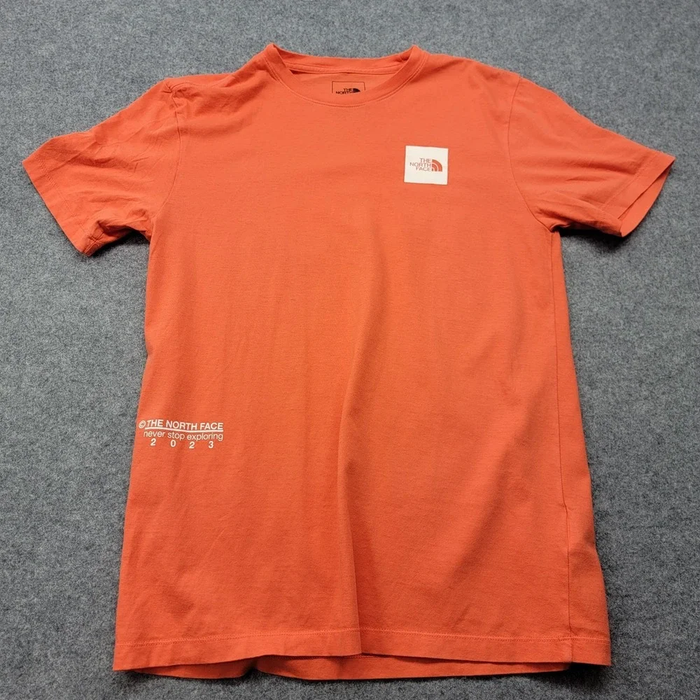 The North Face Shirt Mens Small Orange Short Sleeve Crew Neck White Box Logo